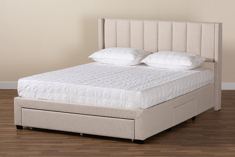 Dennehy Beige Fabric Full Size 3-Drawer Storage Platform Bed Baxton