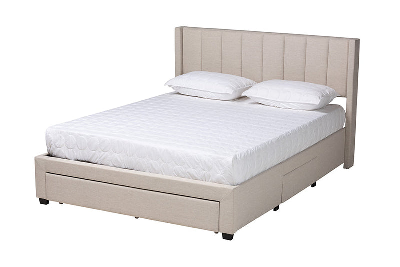 Dennehy Beige Fabric Queen Size 3-Drawer Storage Platform Bed Baxton
