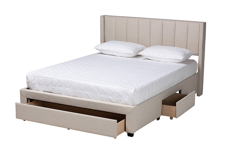 Dennehy Mid-Century Beige Fabric Queen Size 3-Drawer Storage Platform Bed