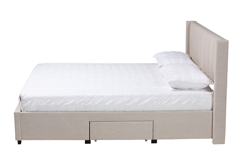 Dennehy Mid-Century Beige Fabric Queen Size 3-Drawer Storage Platform Bed