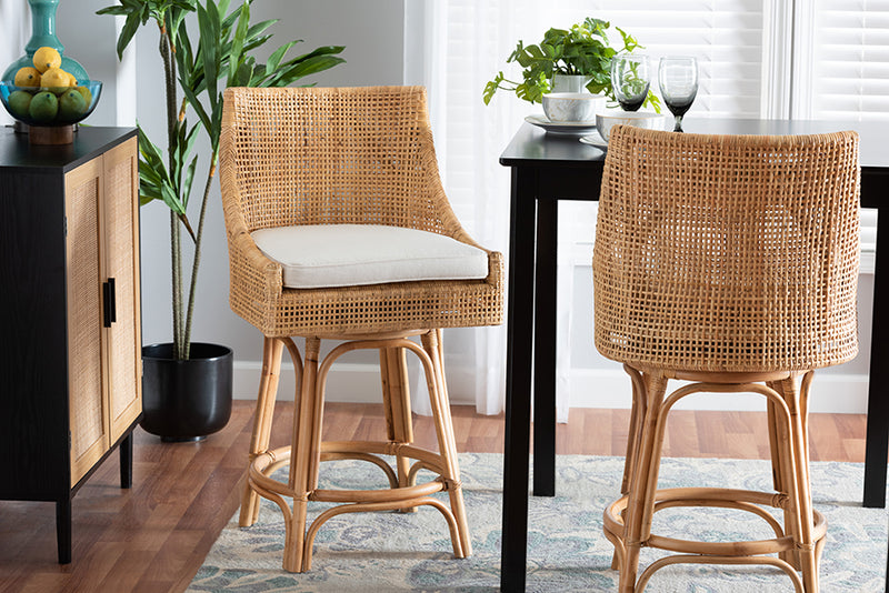 Saverio Modern Bohemian Natural Brown Rattan Counter Stool