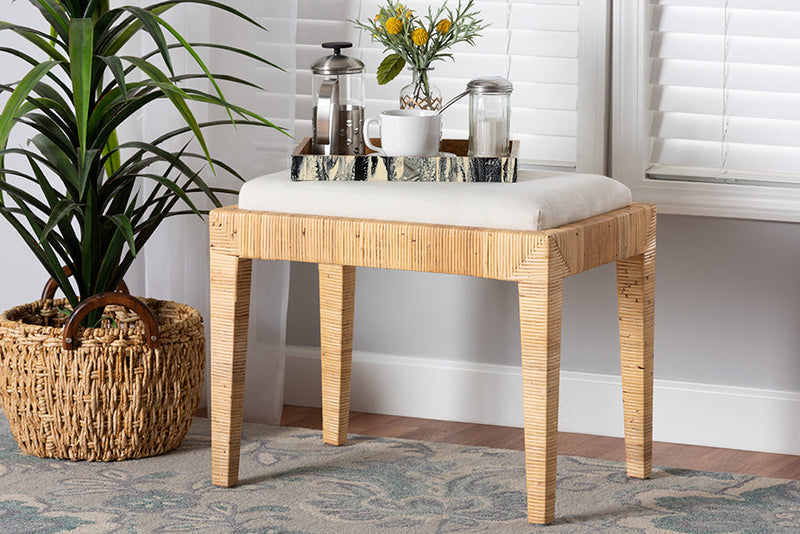 Lumines Natural Brown Rattan and Mahogany Wood Ottoman Baxton