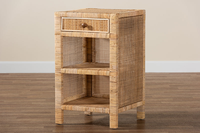 Saverio Modern Bohemian Natural Brown Mahogany Wood and Natural Rattan 1-Drawer Nightstand