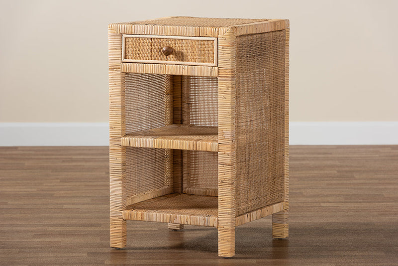 Saverio Natural Brown Mahogany Wood and Natural Rattan 1-Drawer Nightstand Baxton