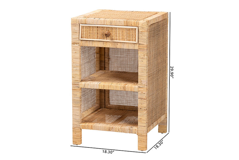 Saverio Natural Brown Mahogany Wood and Natural Rattan 1-Drawer Nightstand Baxton