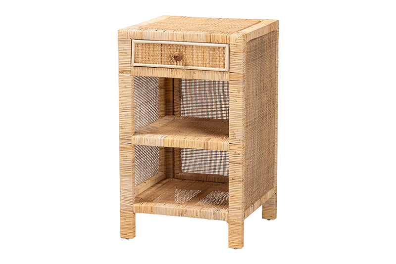 Saverio Modern Bohemian Natural Brown Mahogany Wood and Natural Rattan 1-Drawer Nightstand