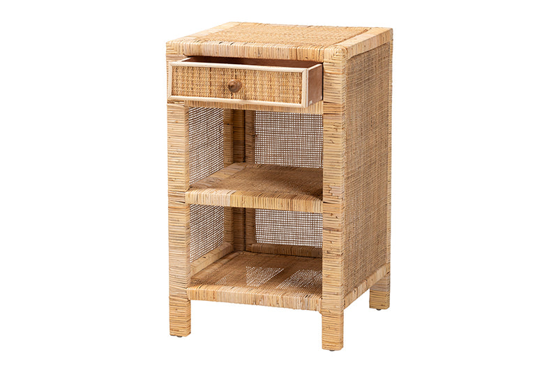 Saverio Modern Bohemian Natural Brown Mahogany Wood and Natural Rattan 1-Drawer Nightstand