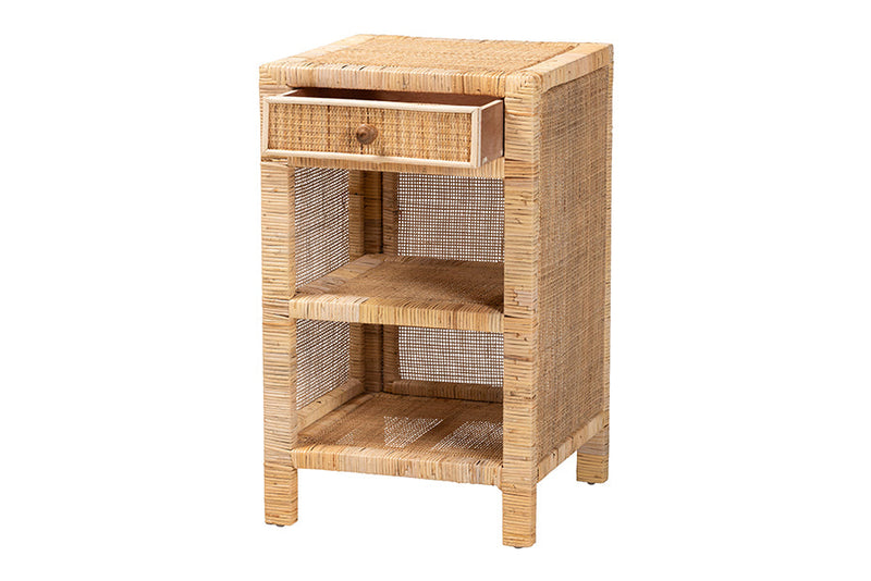 Saverio Natural Brown Mahogany Wood and Natural Rattan 1-Drawer Nightstand Baxton
