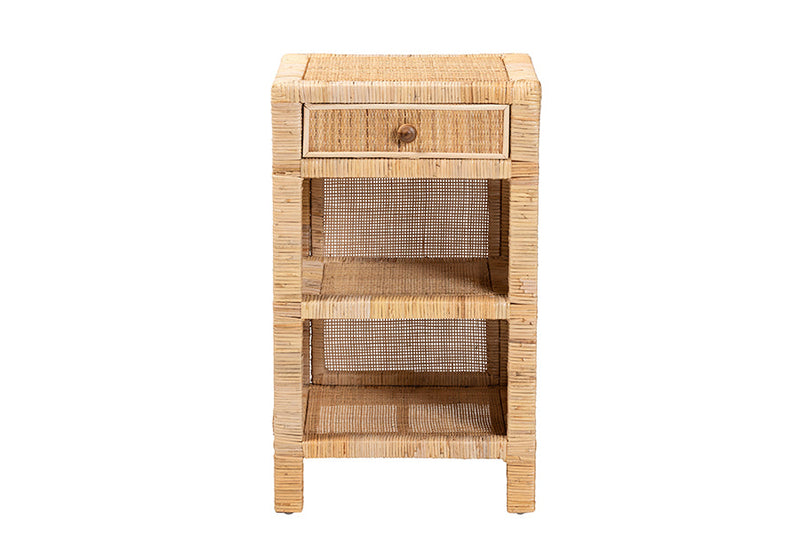 Saverio Natural Brown Mahogany Wood and Natural Rattan 1-Drawer Nightstand Baxton