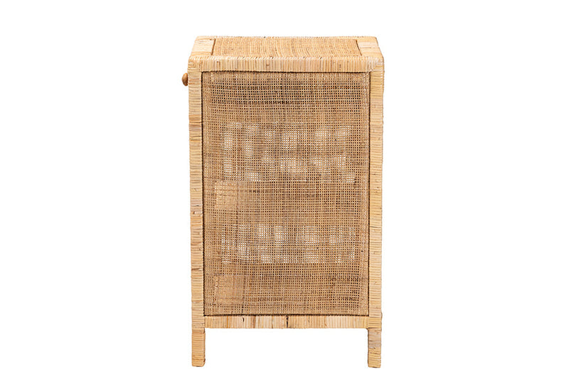 Saverio Natural Brown Mahogany Wood and Natural Rattan 1-Drawer Nightstand Baxton