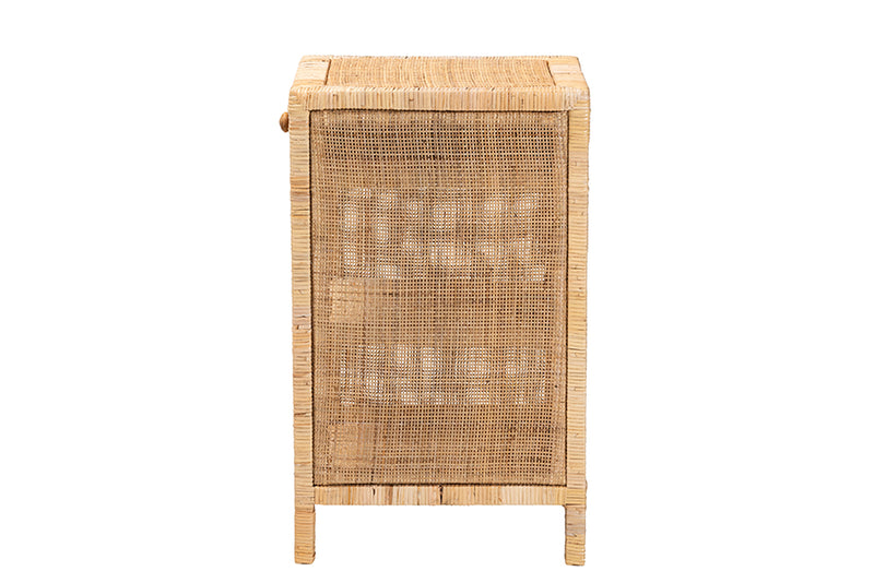 Saverio Modern Bohemian Natural Brown Mahogany Wood and Natural Rattan 1-Drawer Nightstand