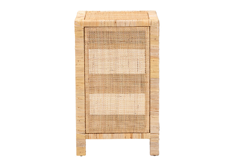 Saverio Modern Bohemian Natural Brown Mahogany Wood and Natural Rattan 1-Drawer Nightstand