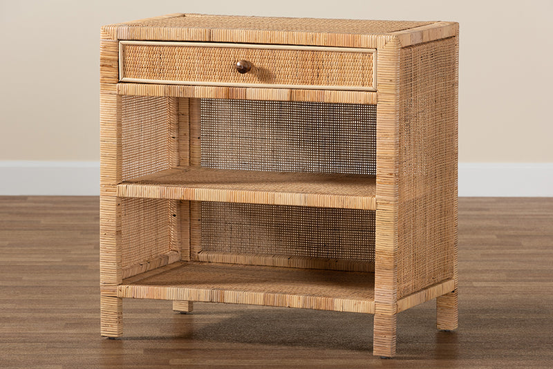 Saverio Modern Bohemian Natural Brown Mahogany Wood and Natural Rattan 1-Drawer Console Table