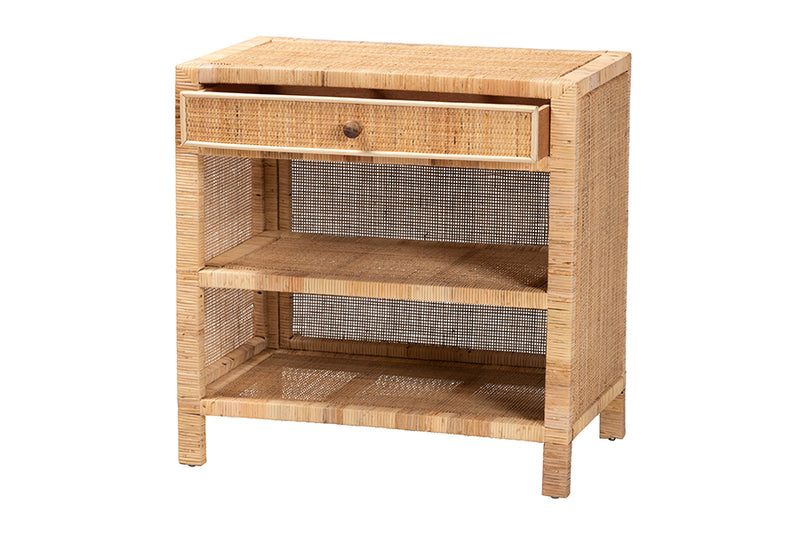 Saverio Modern Bohemian Natural Brown Mahogany Wood and Natural Rattan 1-Drawer Console Table