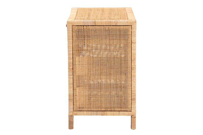 Saverio Modern Bohemian Natural Brown Mahogany Wood and Natural Rattan 1-Drawer Console Table