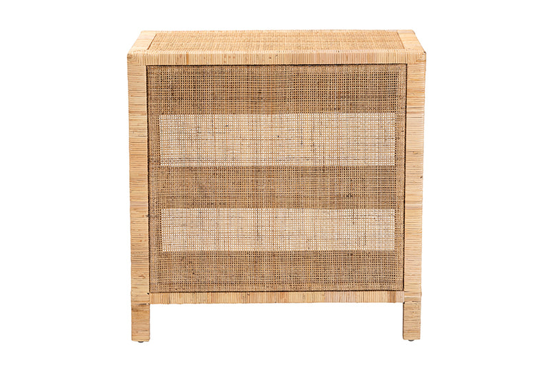 Saverio Modern Bohemian Natural Brown Mahogany Wood and Natural Rattan 1-Drawer Console Table