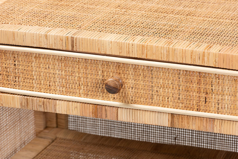 Saverio Natural Brown Mahogany Wood and Natural Rattan 1-Drawer Console Table Baxton