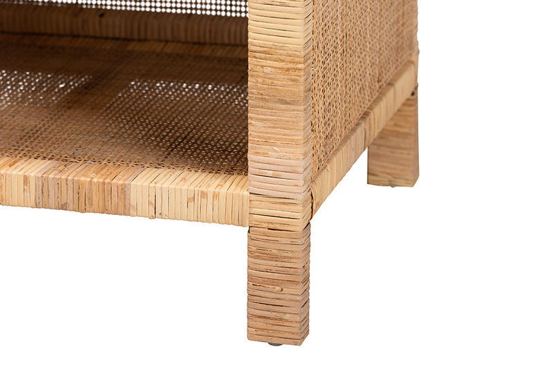 Saverio Modern Bohemian Natural Brown Mahogany Wood and Natural Rattan 1-Drawer Console Table