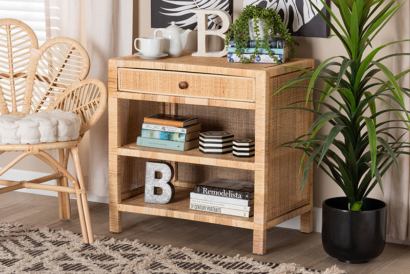 Saverio Modern Bohemian Natural Brown Mahogany Wood and Natural Rattan 1-Drawer Console Table