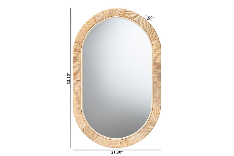 Saverio Modern Bohemian Natural Brown Mahogany Wood and Natural Rattan Oval Mirror