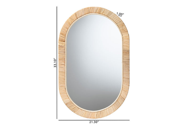 Saverio Natural Brown Mahogany Wood and Natural Rattan Oval Mirror Baxton