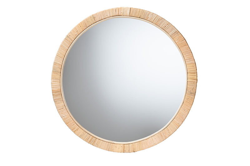 Saverio Modern Bohemian Natural Brown Mahogany Wood and Natural Rattan Round Mirror