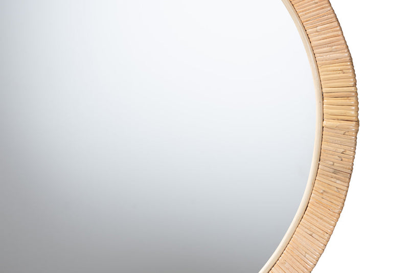 Saverio Natural Brown Mahogany Wood and Natural Rattan Round Mirror Baxton