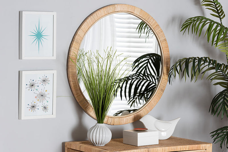 Saverio Natural Brown Mahogany Wood and Natural Rattan Round Mirror Baxton