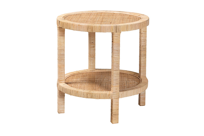 Saverio Modern Bohemian Natural Brown Mahogany Wood and Natural Rattan 2-Tier End Table