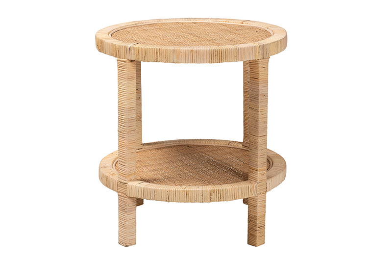 Saverio Modern Bohemian Natural Brown Mahogany Wood and Natural Rattan 2-Tier End Table