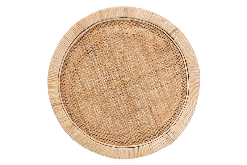 Saverio Natural Brown Mahogany Wood and Natural Rattan 2-Tier End Table Baxton