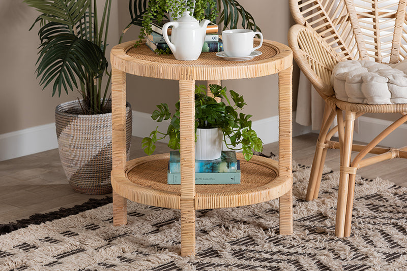 Saverio Modern Bohemian Natural Brown Mahogany Wood and Natural Rattan 2-Tier End Table