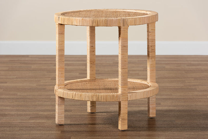 Saverio Natural Brown Mahogany Wood and Natural Rattan 2-Tier End Table Baxton