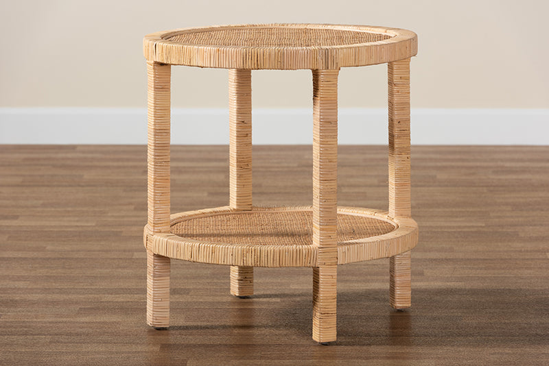 Saverio Modern Bohemian Natural Brown Mahogany Wood and Natural Rattan 2-Tier End Table