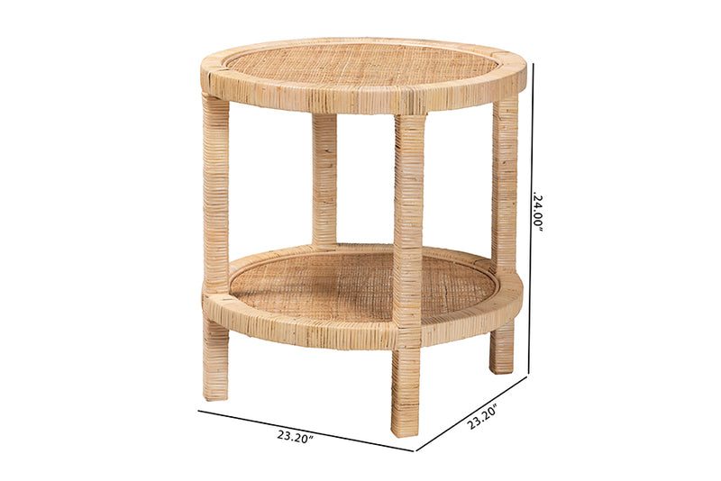 Saverio Modern Bohemian Natural Brown Mahogany Wood and Natural Rattan 2-Tier End Table