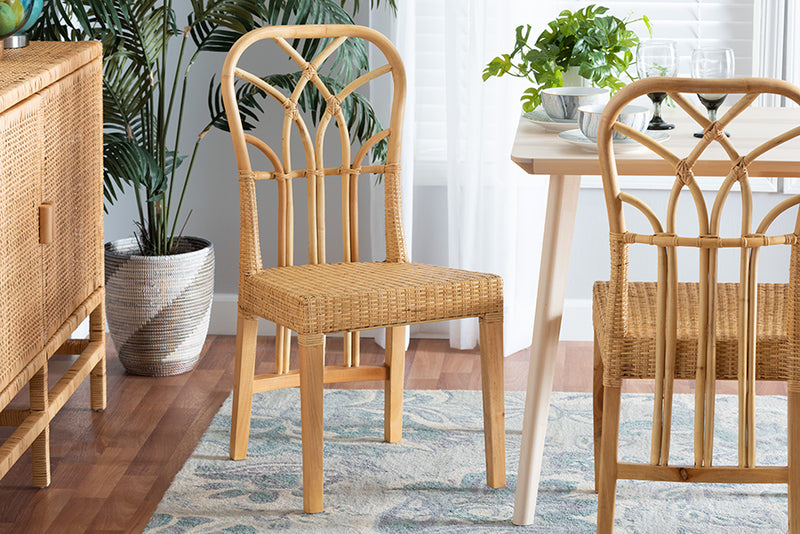 Ravenna Modern Bohemian Oak Brown Finished Mahogany Wood and Natural Rattan Dining Chair