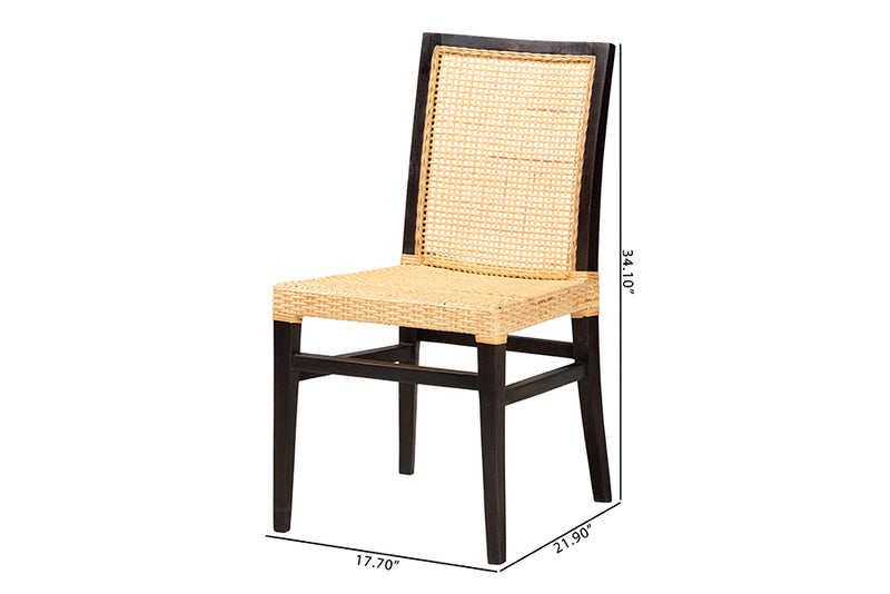 Azmi Modern Bohemian Dark Brown Mahogany Wood and Natural Rattan Dining Chair