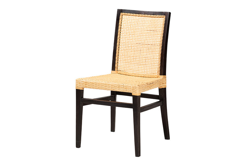 Azmi Dark Brown Mahogany Wood and Natural Rattan Dining Chair Baxton