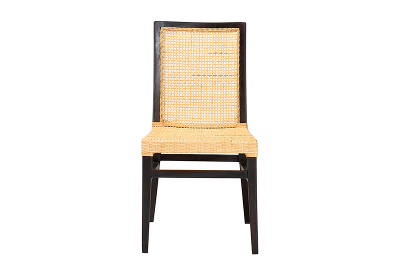 Azmi Modern Bohemian Dark Brown Mahogany Wood and Natural Rattan Dining Chair