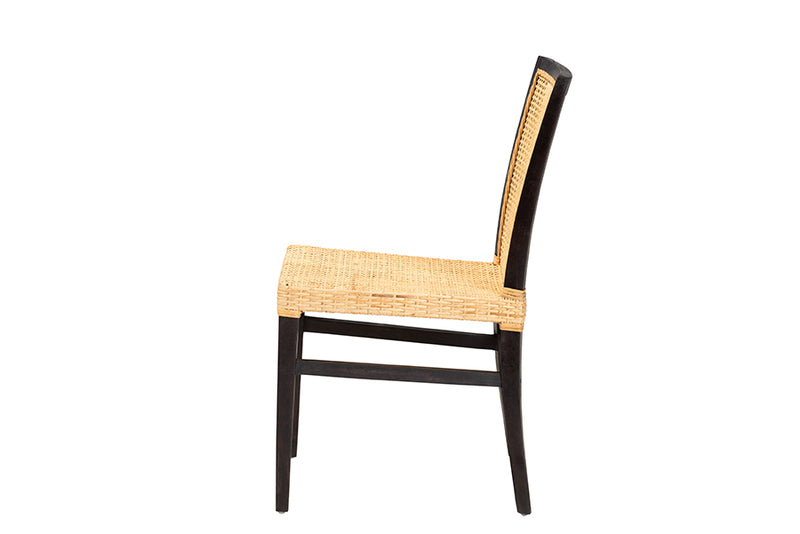 Azmi Modern Bohemian Dark Brown Mahogany Wood and Natural Rattan Dining Chair