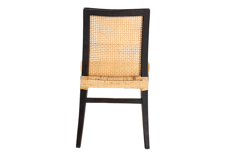 Azmi Modern Bohemian Dark Brown Mahogany Wood and Natural Rattan Dining Chair