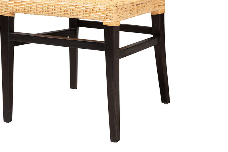 Azmi Modern Bohemian Dark Brown Mahogany Wood and Natural Rattan Dining Chair