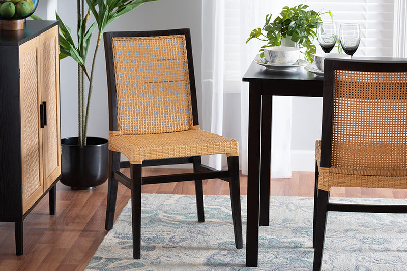 Azmi Modern Bohemian Dark Brown Mahogany Wood and Natural Rattan Dining Chair