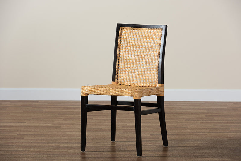 Azmi Modern Bohemian Dark Brown Mahogany Wood and Natural Rattan Dining Chair