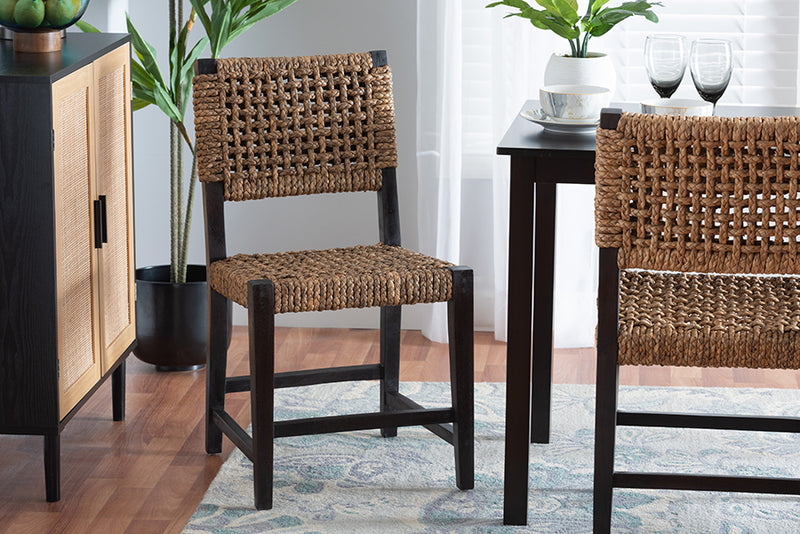 Delilah Modern Bohemian Dark Brown Mahogany Wood and Seagrass Dining Chair