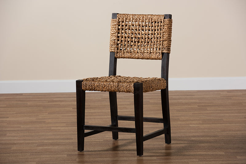 Delilah Modern Bohemian Dark Brown Mahogany Wood and Seagrass Dining Chair