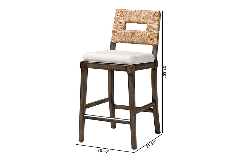 Iria Modern Bohemian Dark Brown Finished Mahogany Wood and Natural Rattan Counter Stool