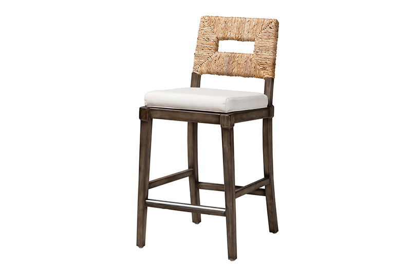 Iria Modern Bohemian Dark Brown Finished Mahogany Wood and Natural Rattan Counter Stool