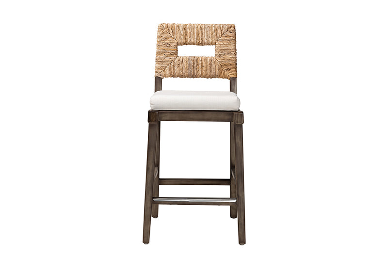 Iria Modern Bohemian Dark Brown Finished Mahogany Wood and Natural Rattan Counter Stool