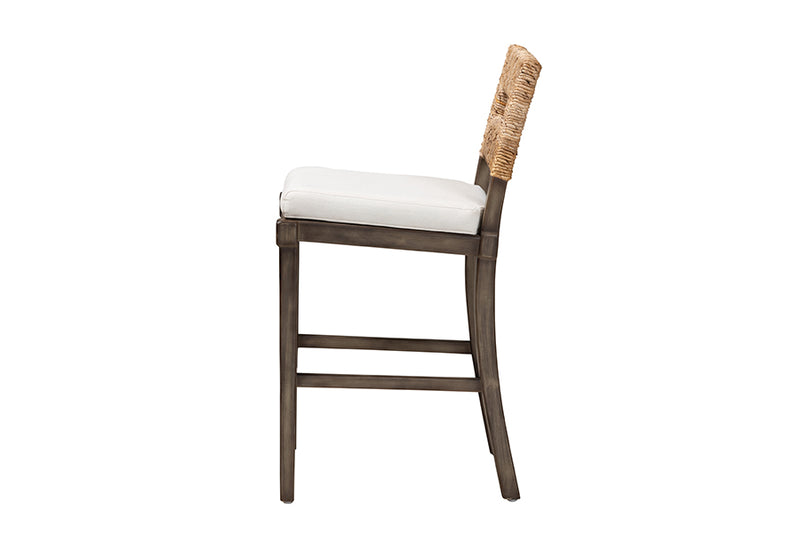 Iria Modern Bohemian Dark Brown Finished Mahogany Wood and Natural Rattan Counter Stool